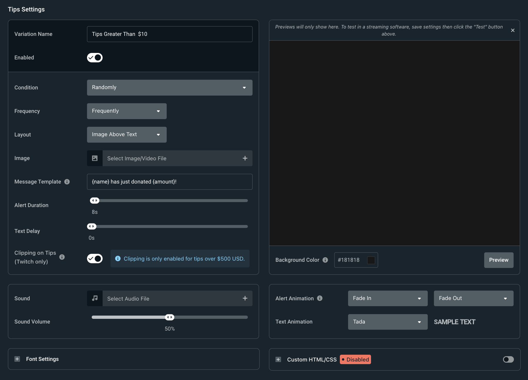 Alert Box variation settings