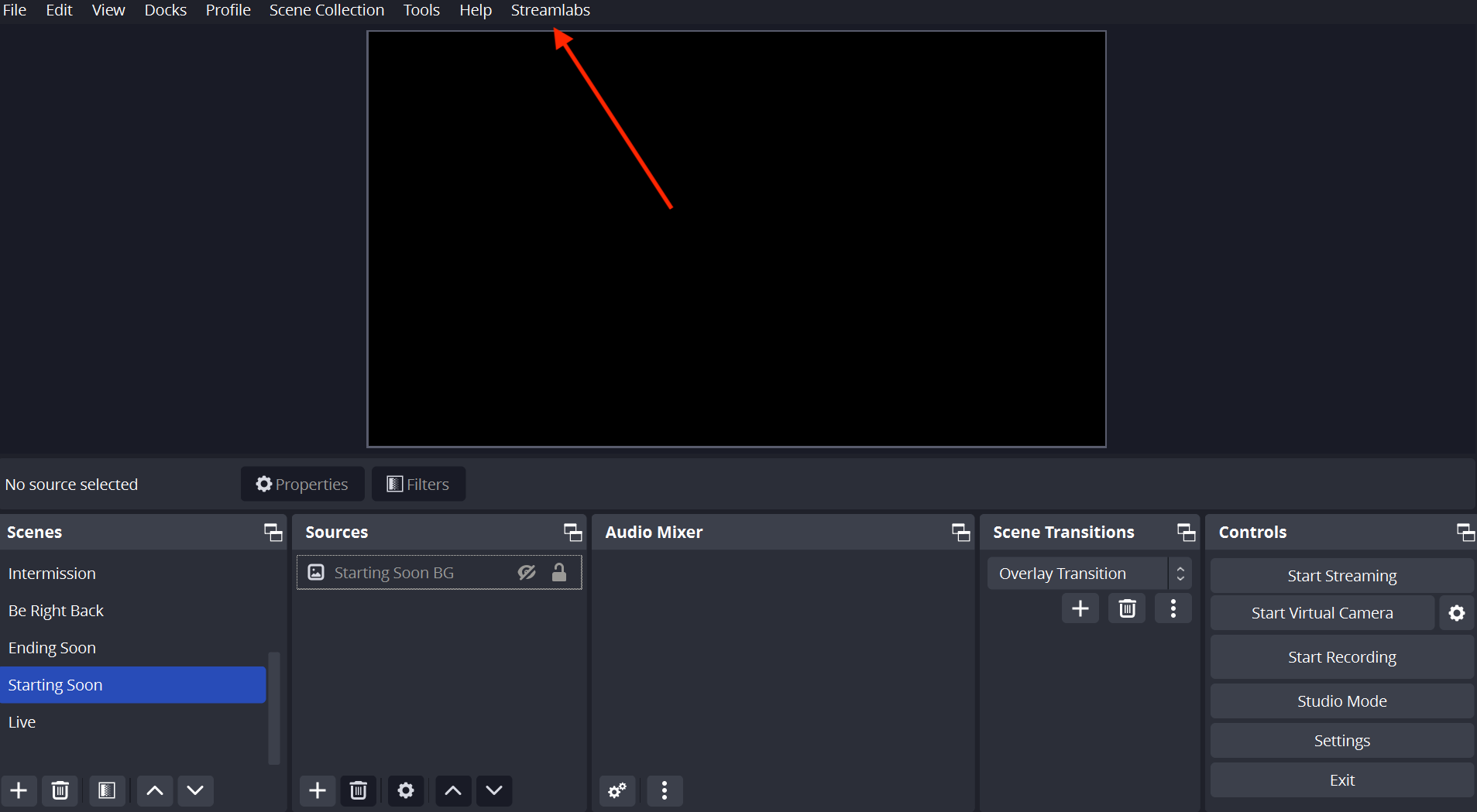 Streamlabs Plugin for OBS in OBS navigation bar