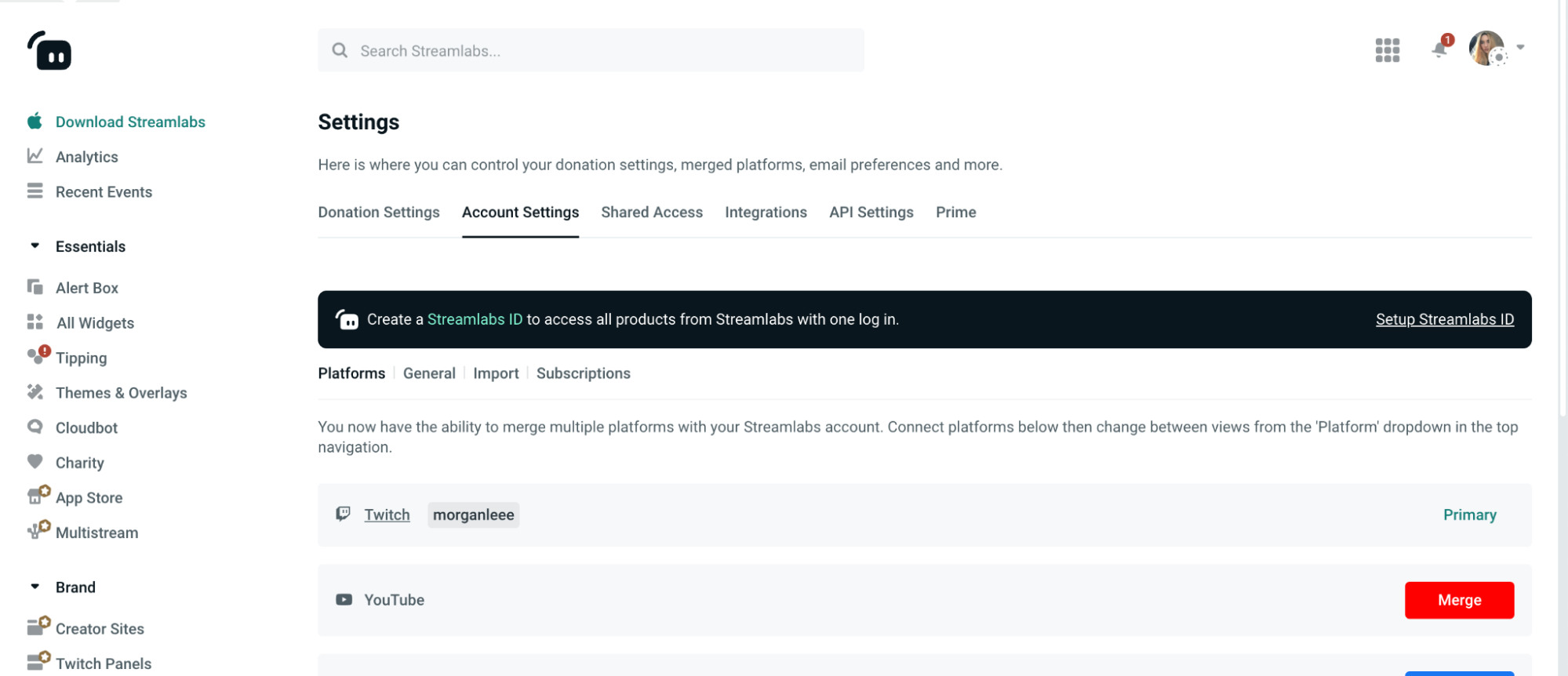 Screenshot of Streamlabs Account Settings Page