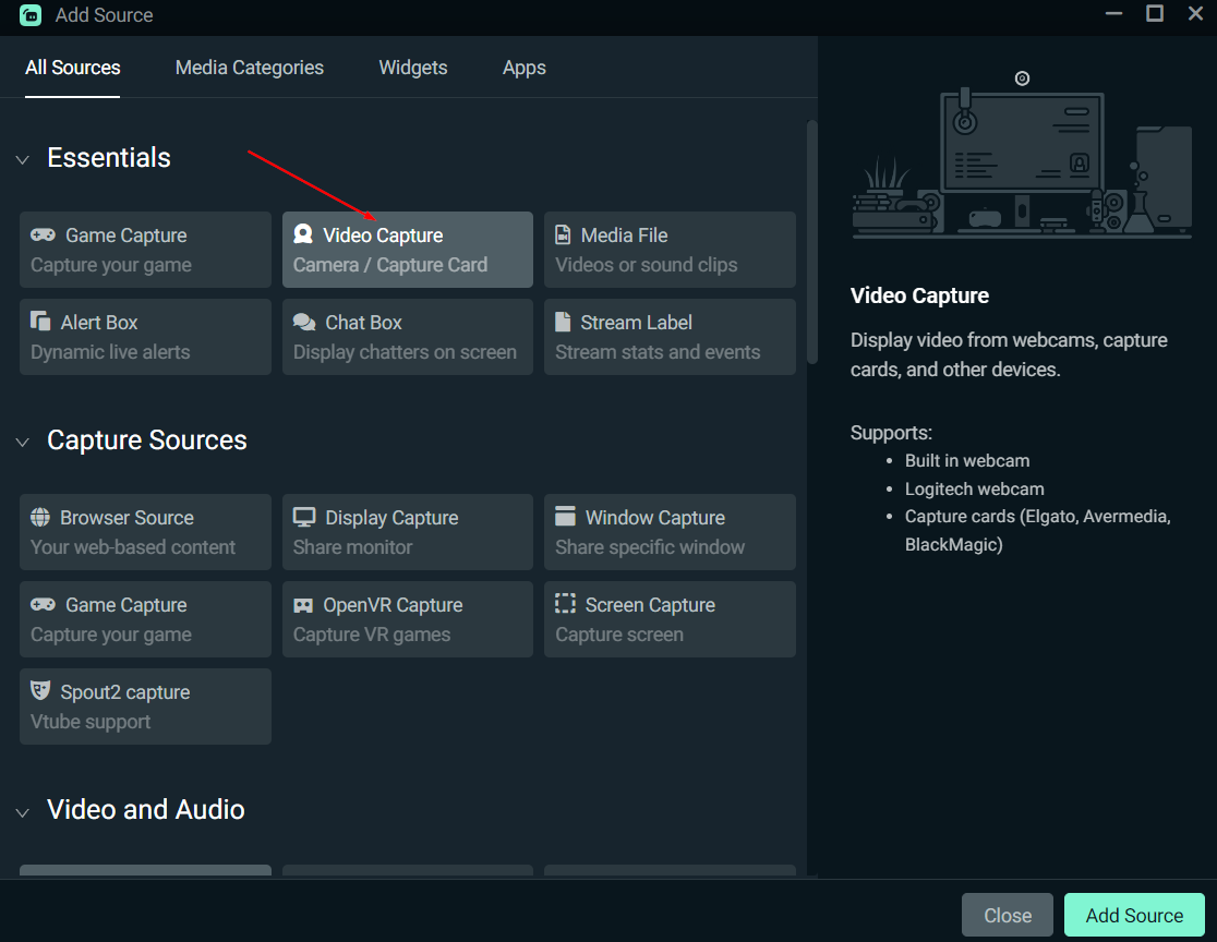 adding a video capture device in streamlabs desktop