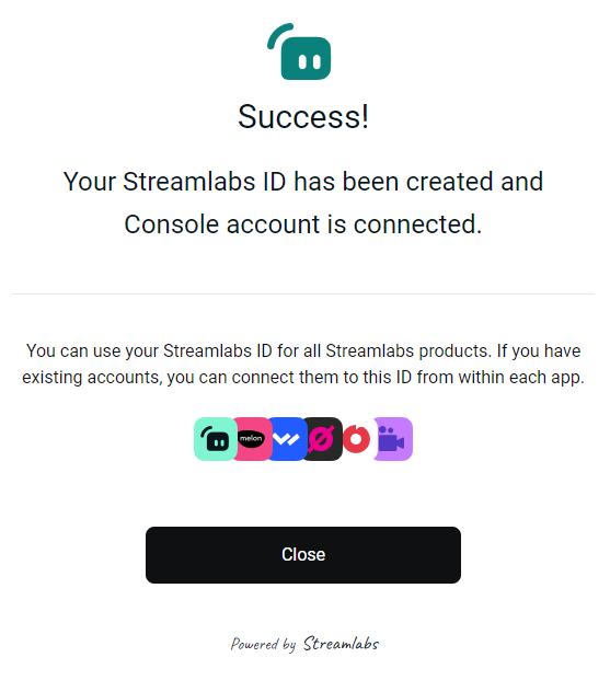 Streamlabs ID Successfully Connected to Streamlabs Console Screenshot