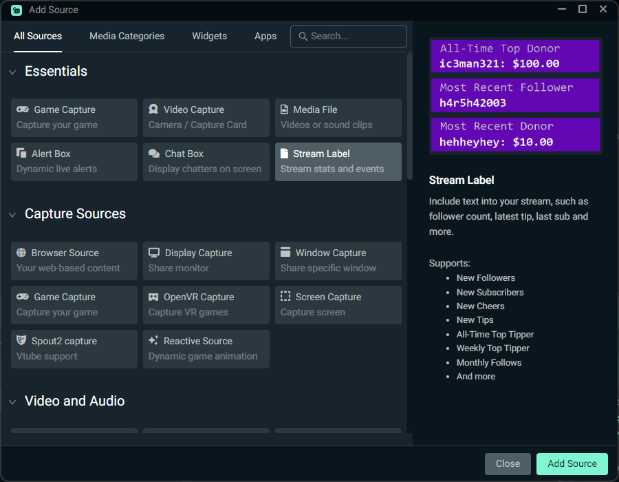 Stream Label widget in Streamlabs Desktop