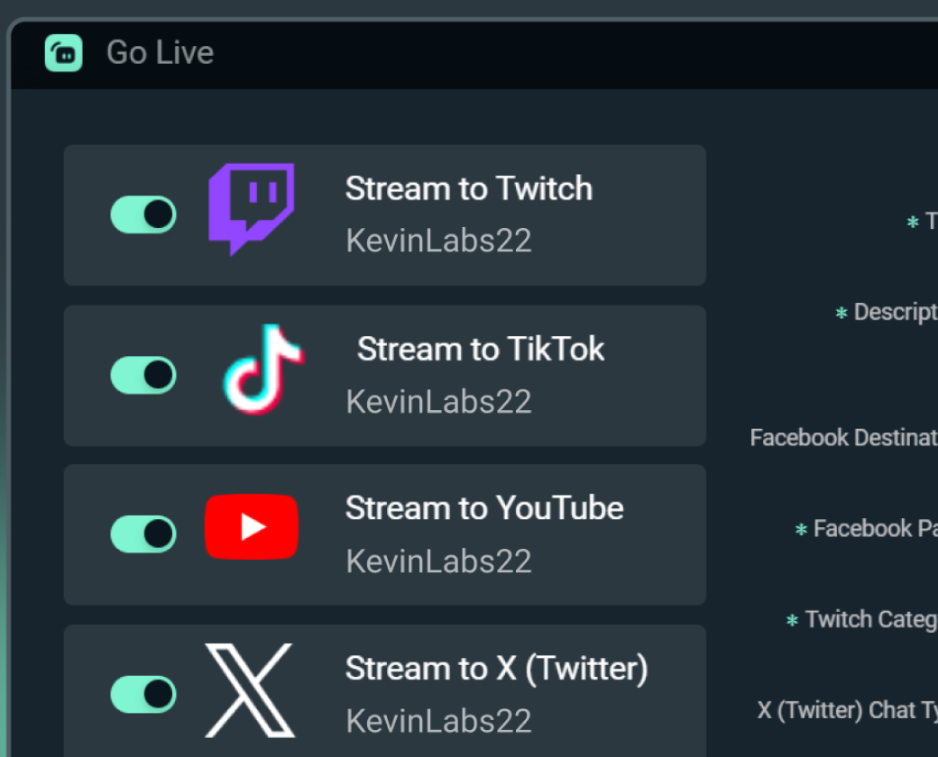 Screenshot of Streamlabs Multistream settings