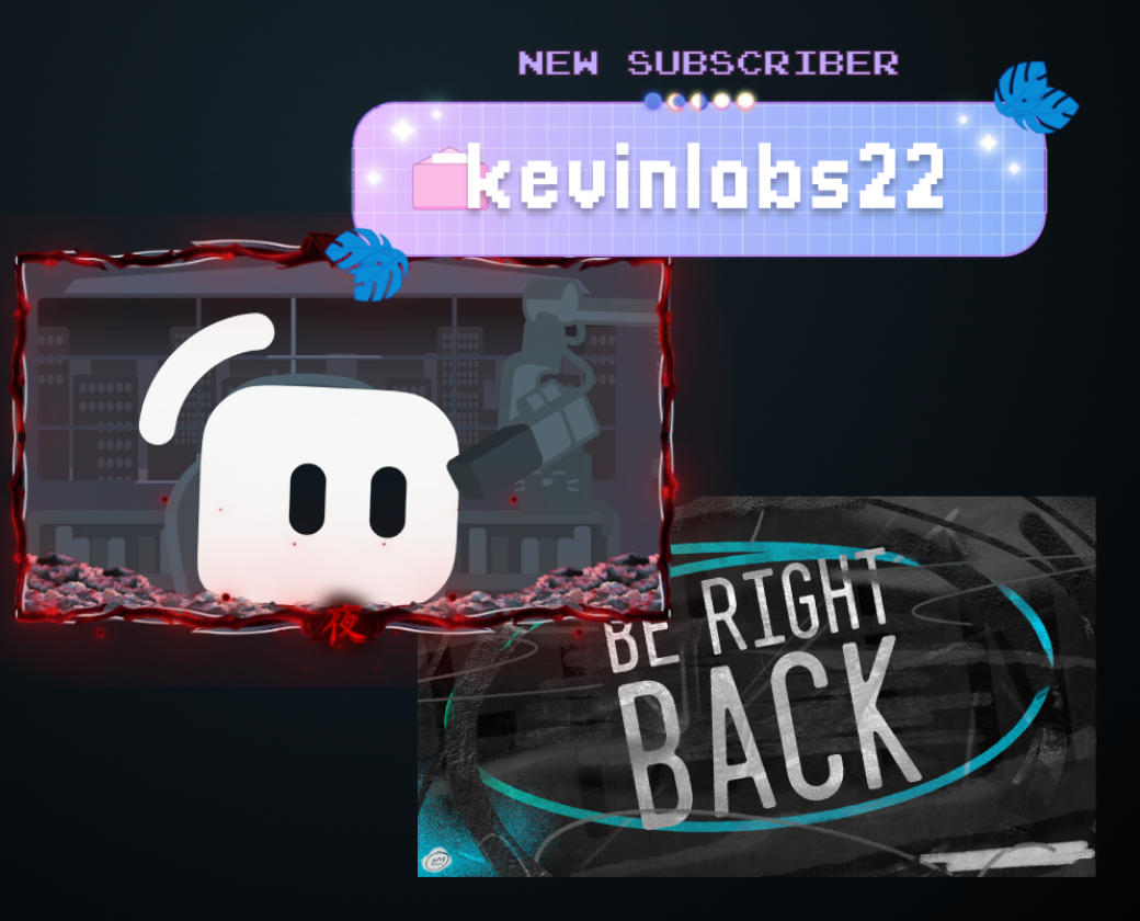 Pastel Alert Box, Kevin streaming with a red webcam frame, and a graffiti be right back screen