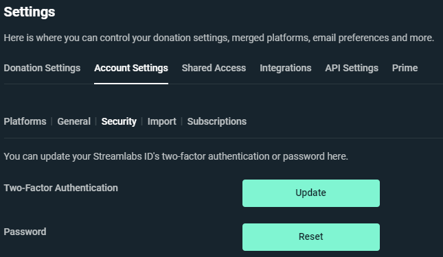 Screenshot of Streamlabs Account Security Page
