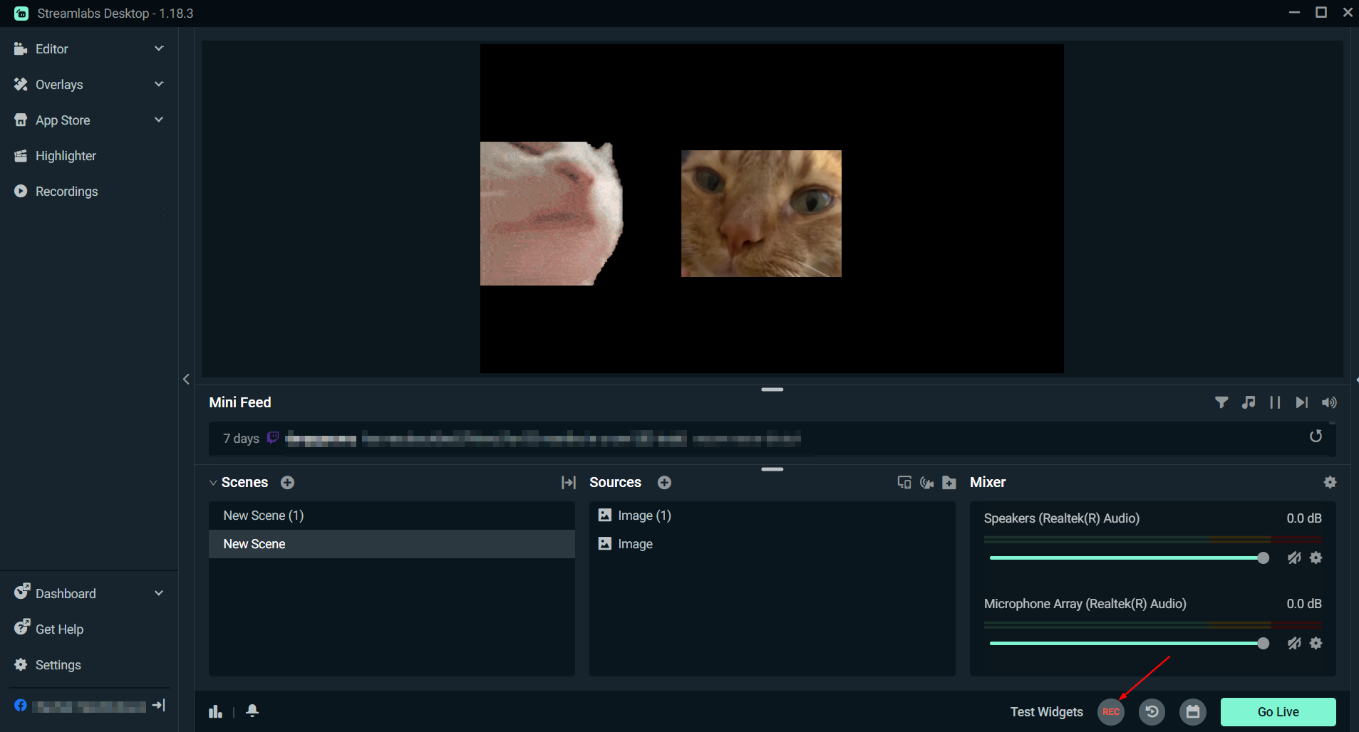 streamlabs main editor pointing to record button