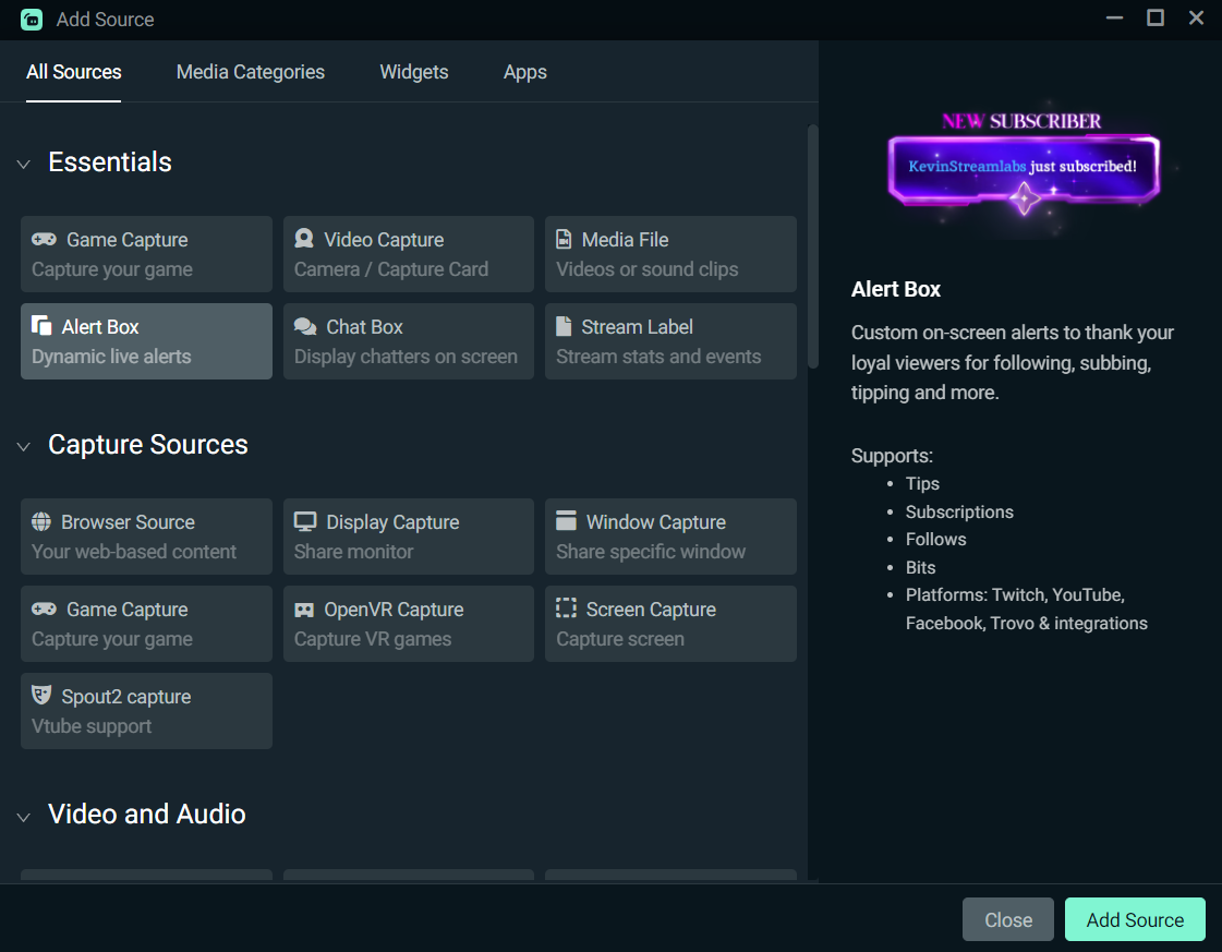 streamlabs desktop essential sources list pointing to alertbox widget