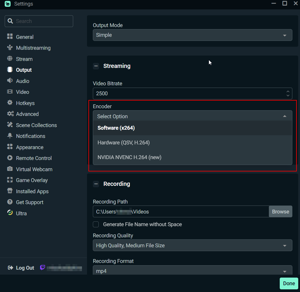 streamlabs desktop output settings encoder
