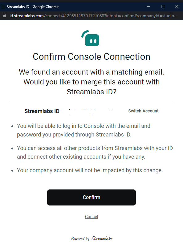 Streamlabs ID Confirmation Screen for Connecting to Streamlabs Console