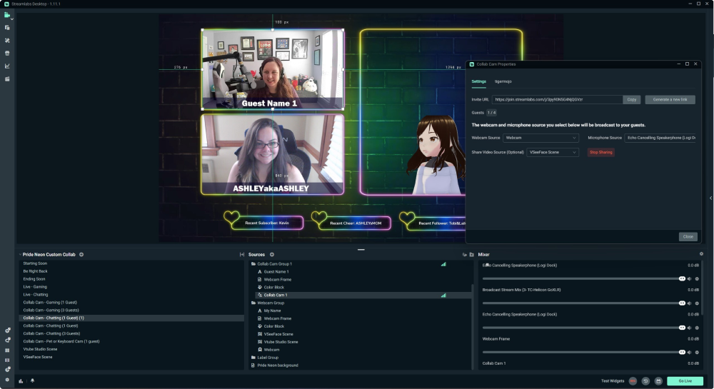 Streamlabs Desktop 界面显示两名人类用户和一名虚拟主播使用 Collab Cam 进行直播