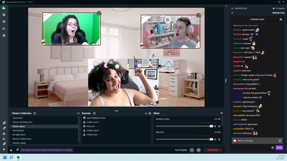 一个微笑的女人和一个男人在麦克风前,Streamlabs Collab Cam 界面显示要添加到直播中的男性访客