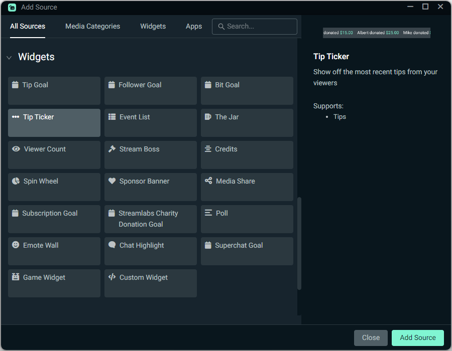 Tip Ticker source in Streamlabs Desktop