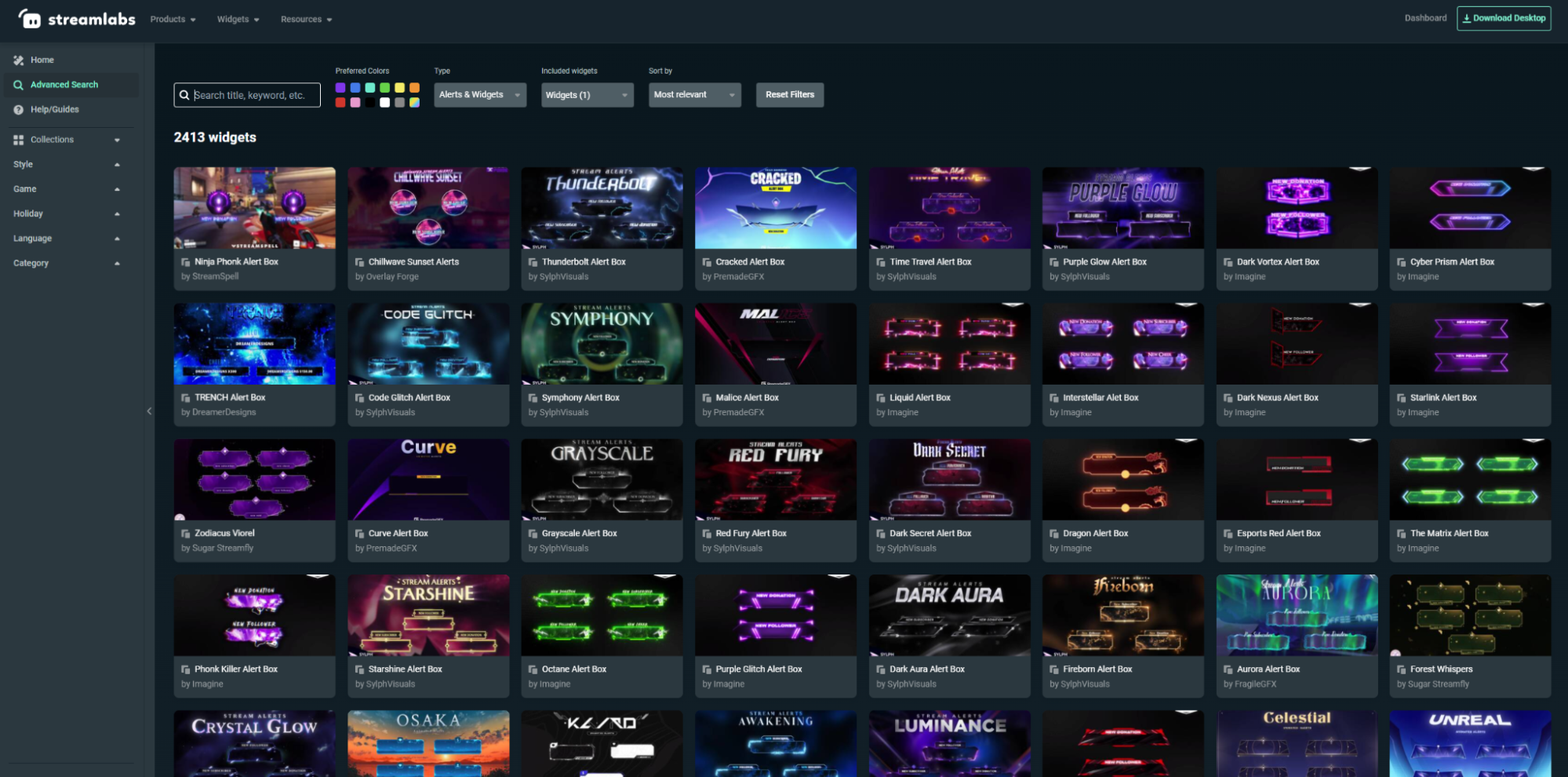 Screenshot of Streamlabs widget theme library