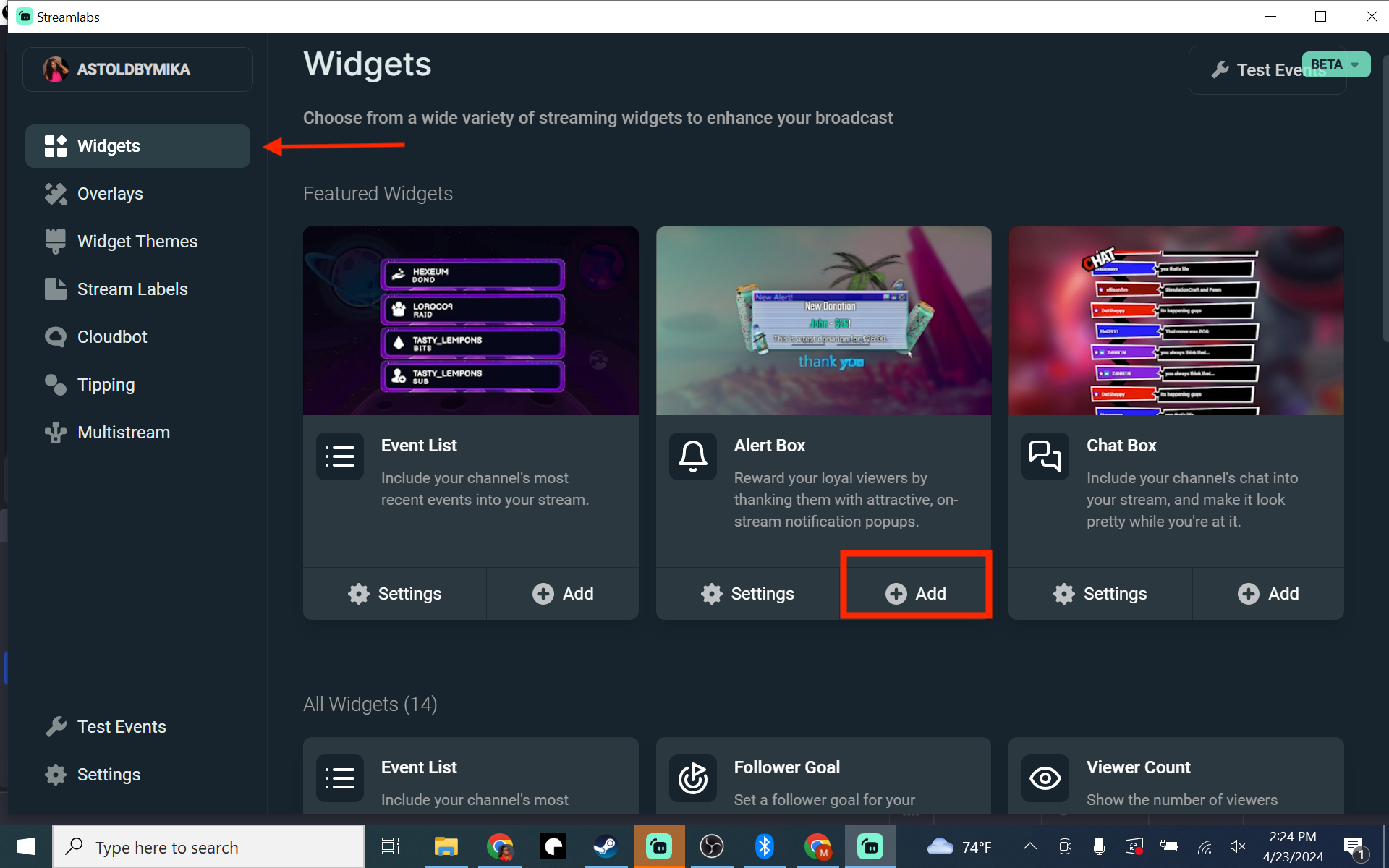 Adding Alert Box widget from Streamlabs Plugin for OBS
