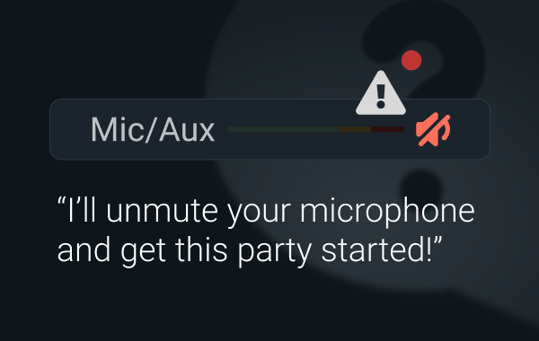 Mic/Aux setting displayed with text "I'll unmute your microphone and get this party started!"