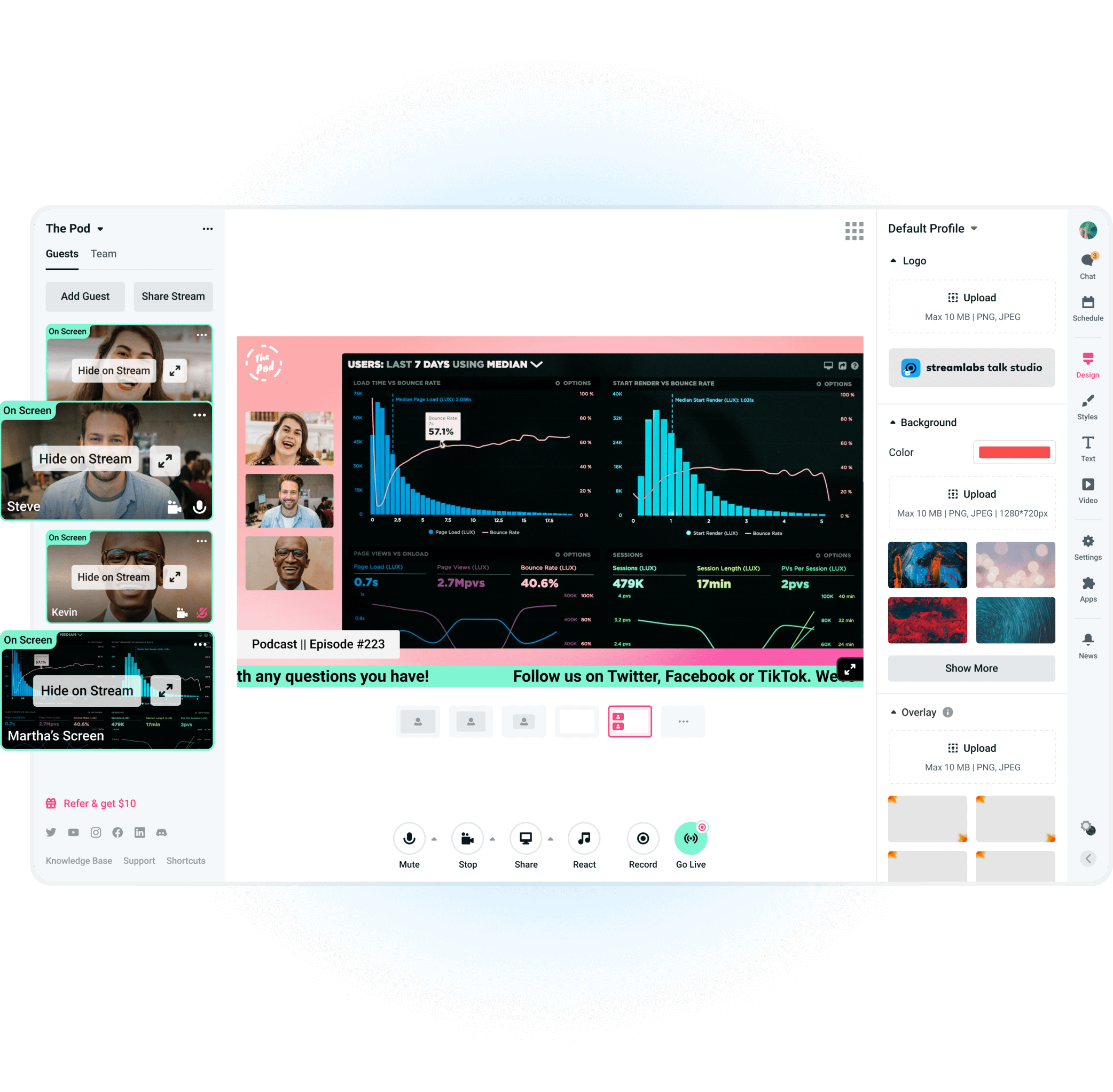 Talk Studio interface with host and guests on the left, screen share in the middle, and settings on the right