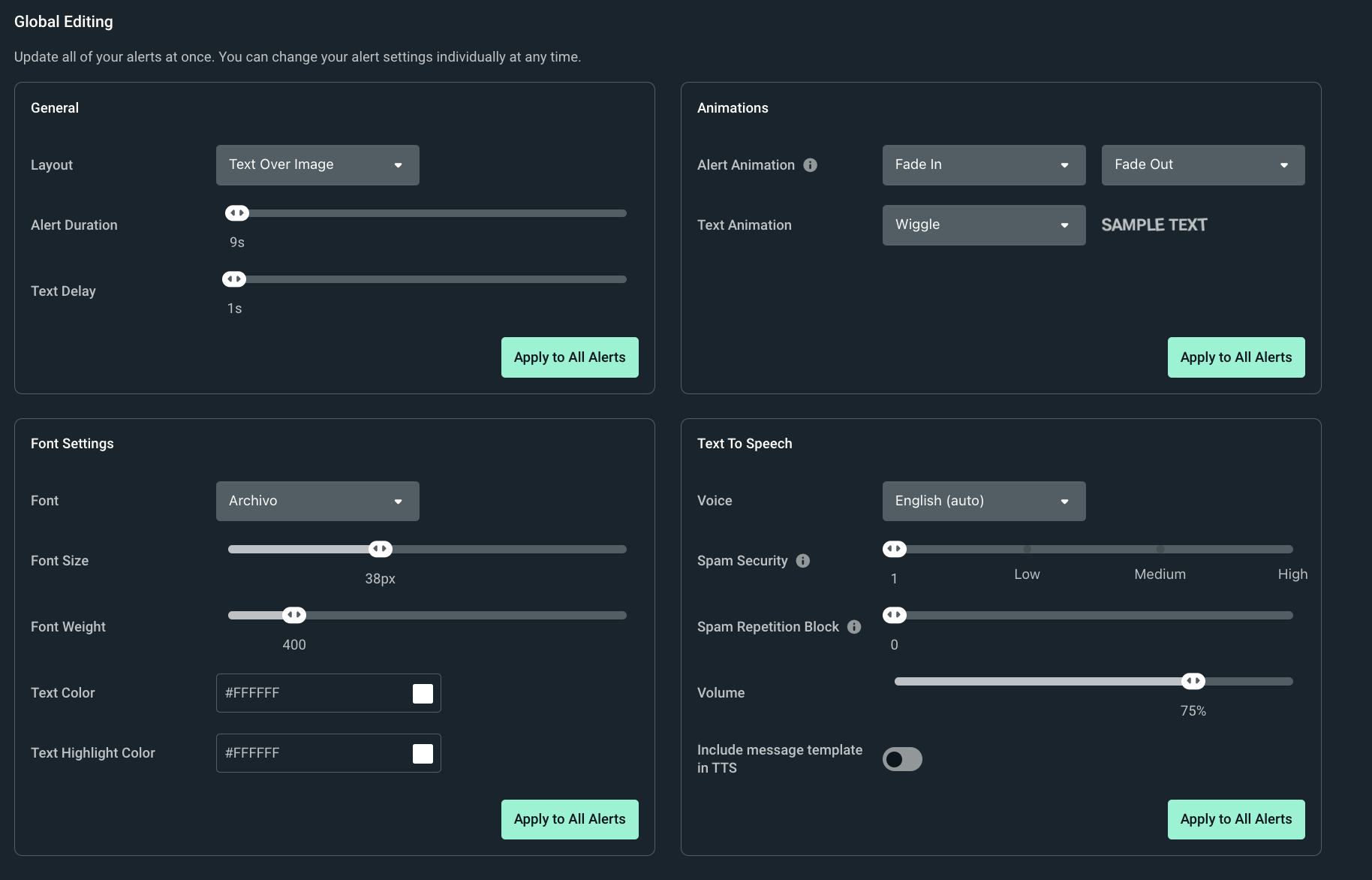 Streamlabs Alert Box global editing settings screen