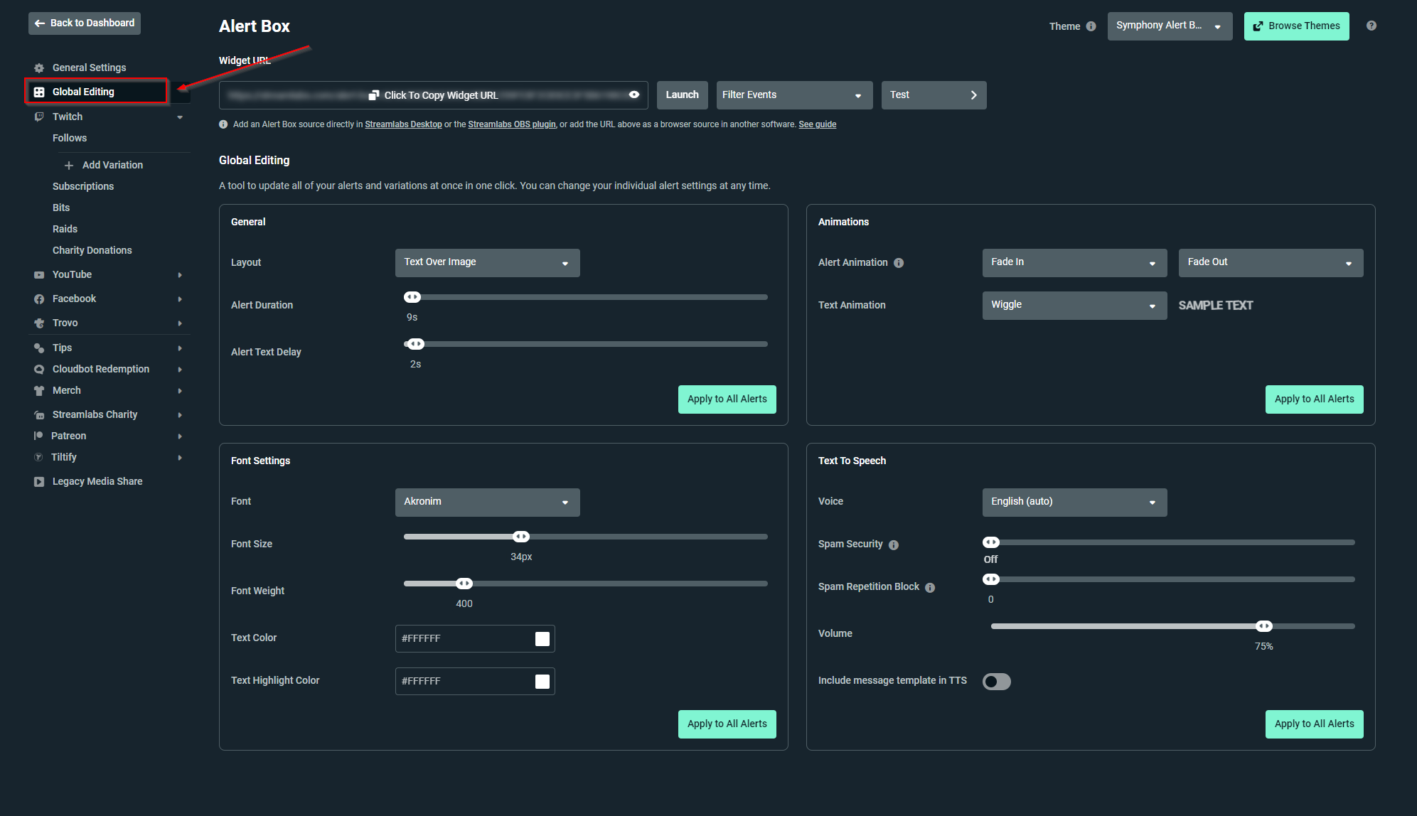 global editing for alertbox on Streamlabs dashboard