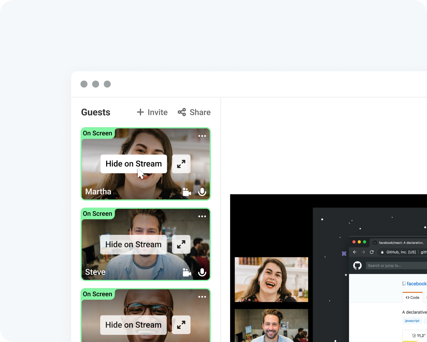 Talk Studio UI with guests and ability to show and hide them